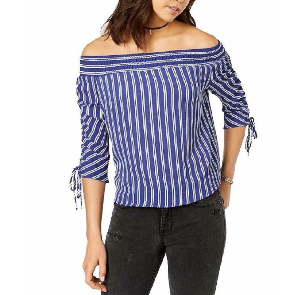 OFF THE SHOULDERS STRIPED TOP w/ RUFFLED SLEEVES